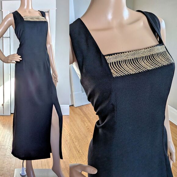 Vintage 90s Plus Size 16 Little Black Dress Midi Wiggle Slit Gold Embroidery - Picture 2 of 9